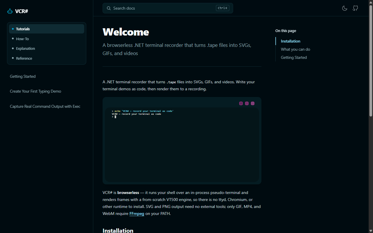 Screenshot of VCR# in dark mode